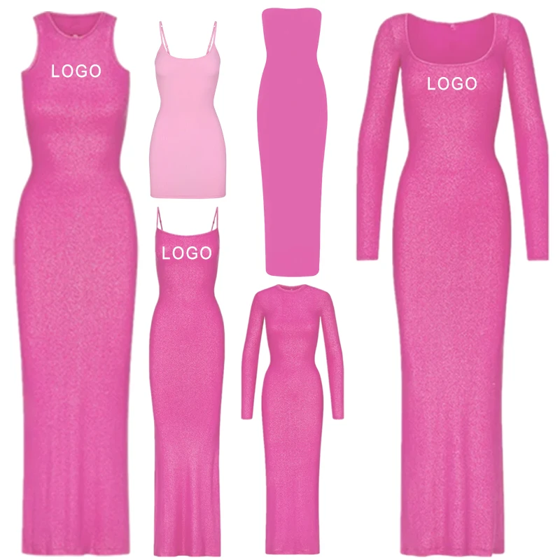 Custom Logo kim kardashian dress dupes Loungwear Women Mini basic sleeveless Cotton Rib Long Sleeve soft Lounge Slip Dresses