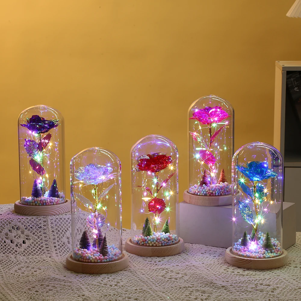 Factory Supply Attractive Price Artificial Flowers Led Lights Galaxy Rose in Glass Dome