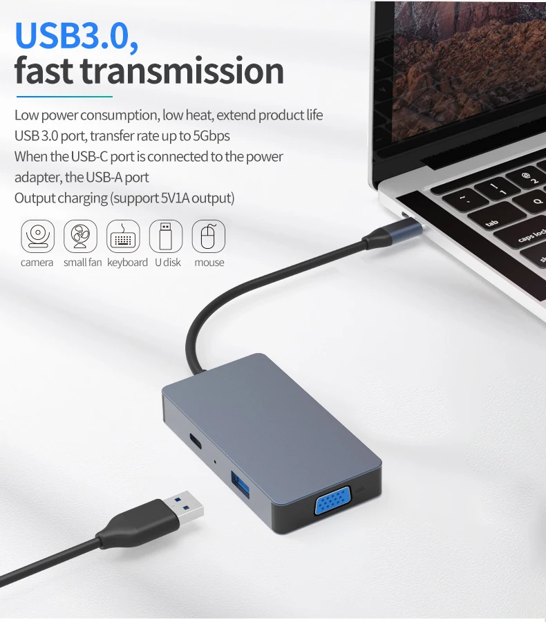 Aluminum usb c hub dual 4k hdtv 5 in 1 dual usb c hub docking station vga usb hub type c hdtv pd