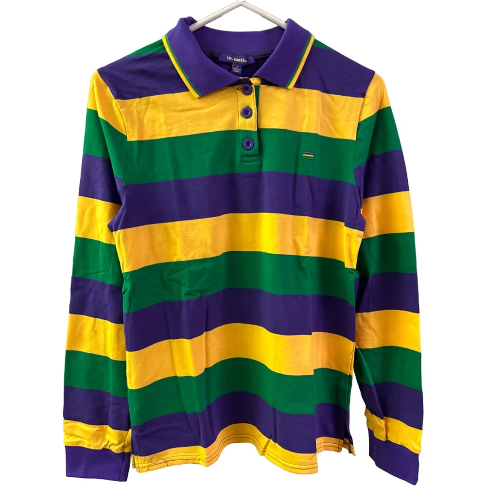 2024 Long Sleeve Mardi Gras Items,Turndown Collar Mardi Gras Shirts Polo,American Carnival Horizontal Stripe Mardi Gras Apparel