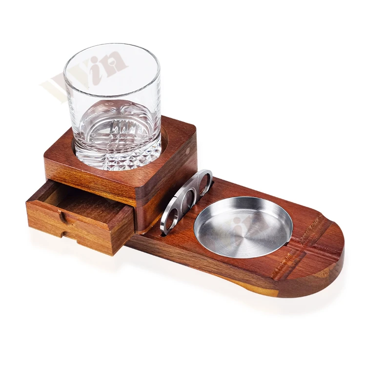 Wholesale Novelty Custom Wooden Cigar Ashtray Set With Round Thick Bottom Whiskey Glasses Birthday Gifts For Men