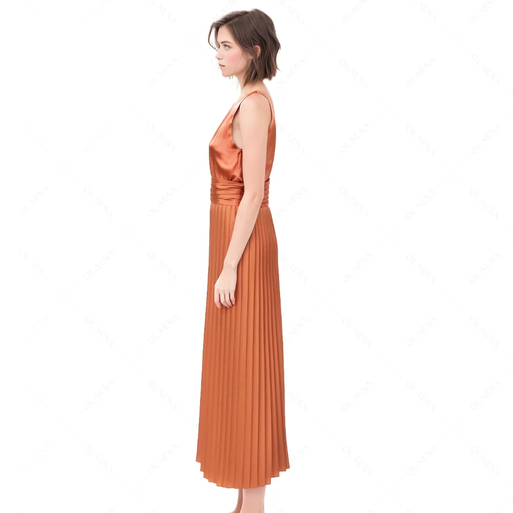 Pleated Silk Maxi Dress Satin Slip Sleeveless Backless Maxi Dress Women Ladies Dresses With Belt