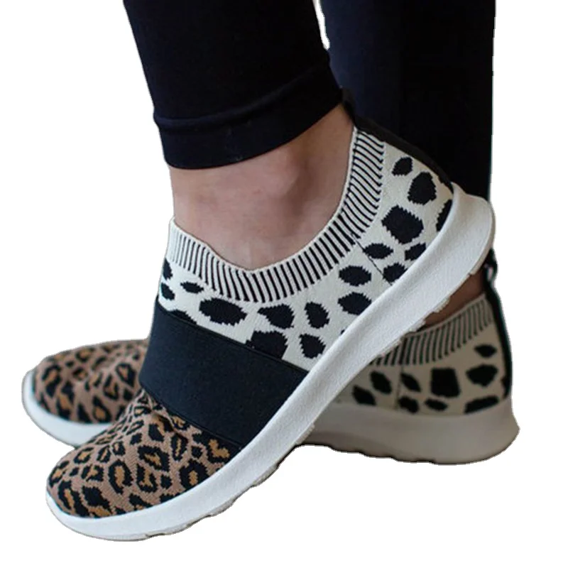 Women Shoes Leopard Sock Sneakers Women Slip On Flat Shoes Women Plus Size Loafers Flats Walking