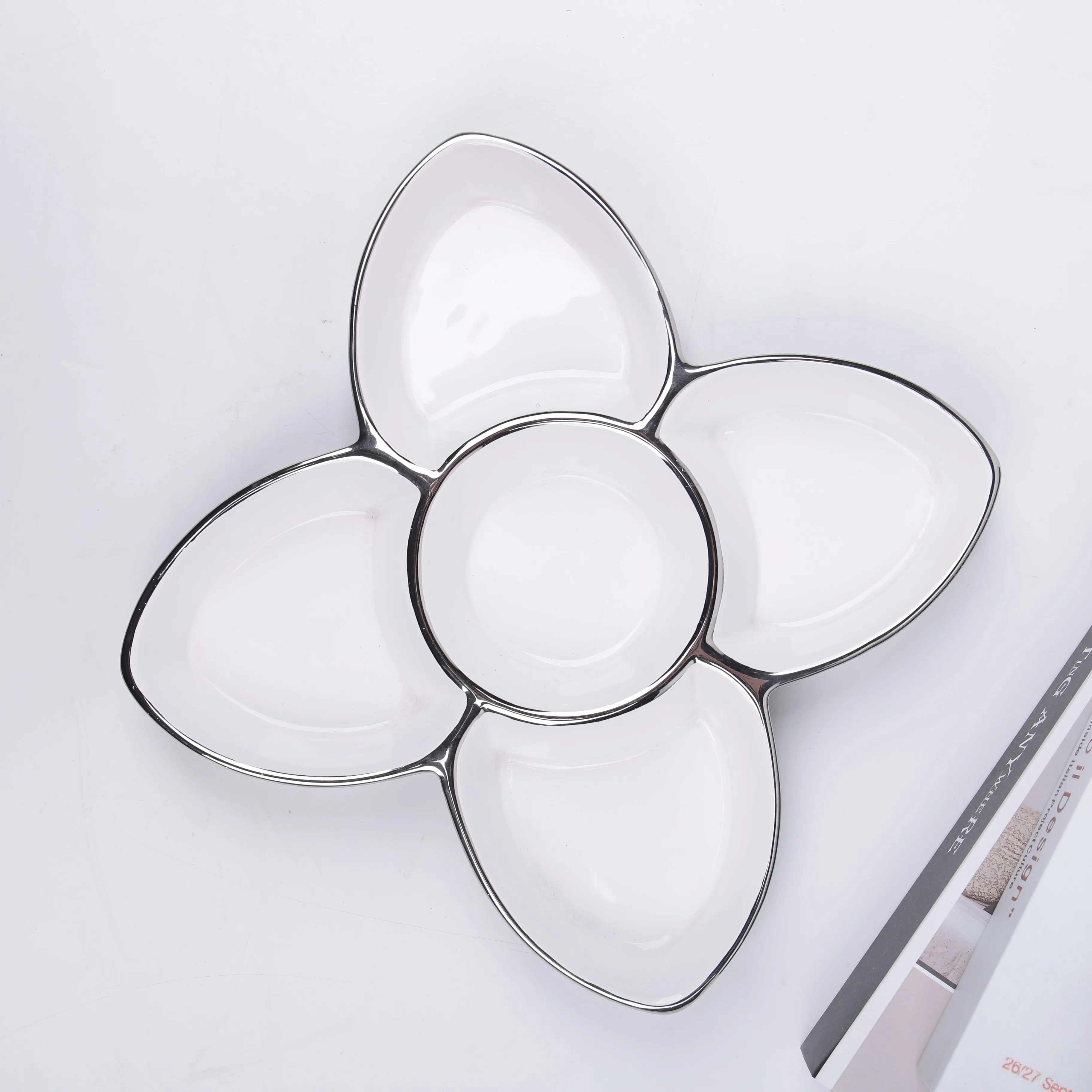 Custom Modern Divided Platter White Ceramic Serving Plate Handmade Snack Dish Candy Dried Fruit Plate