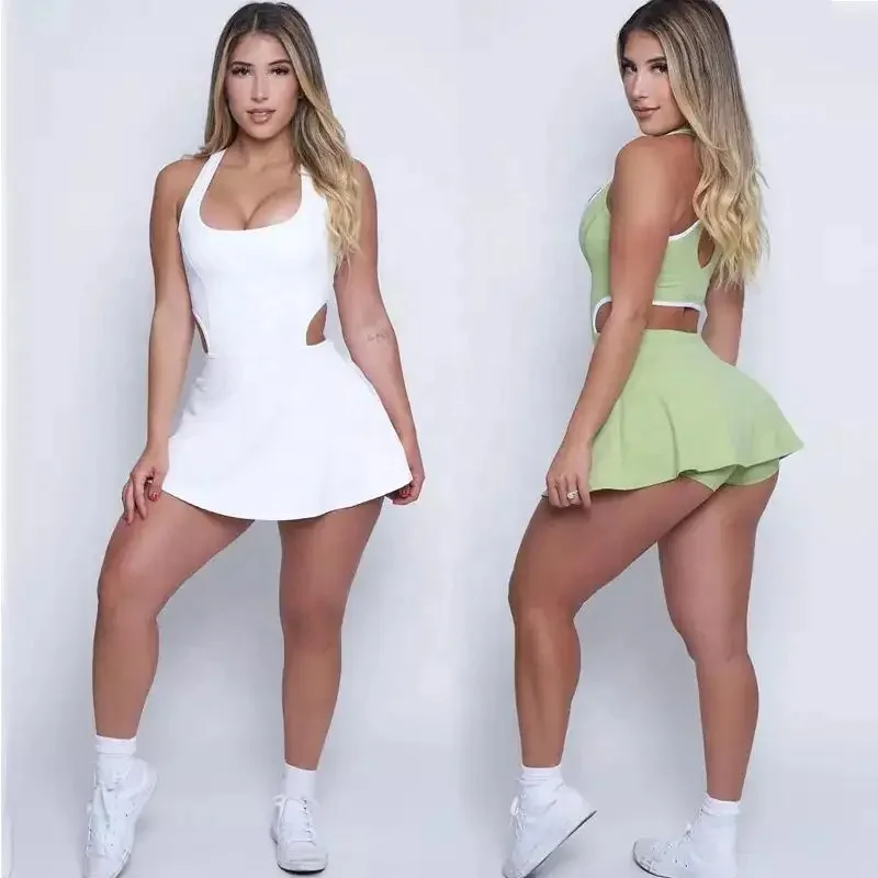 Wholesale Solid Color Sports Skirts Women Fitness Tennis Dress Quick-Drying Tennis Dress With Chest Pad