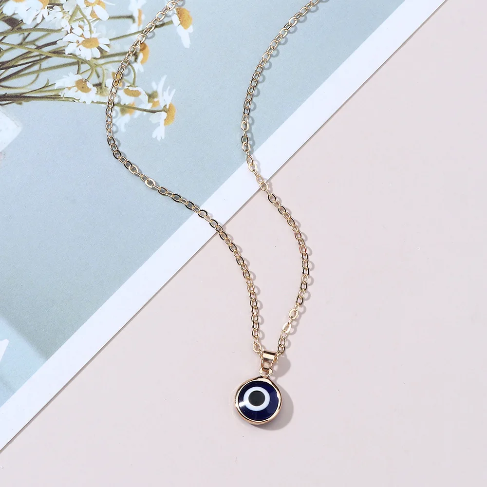 Wholesale Gold Plated Round Pendant Women Girls Blue Evil Eyes Necklace Jewelry For Gift