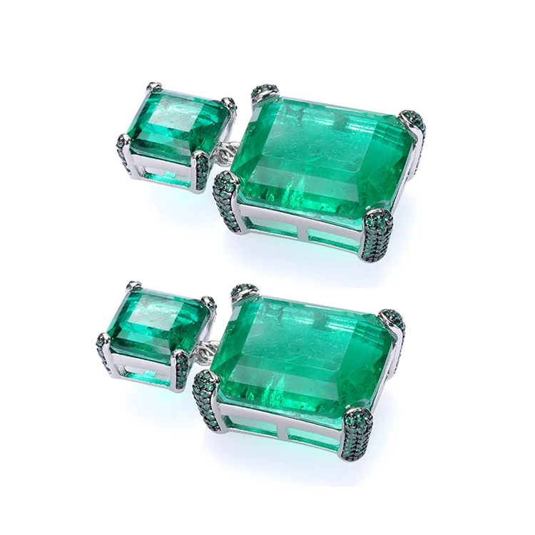 Square Cut Setting Cubic Zirconia Dangle Earings Jewelry Women 925 Silver Emerald Green Earrings