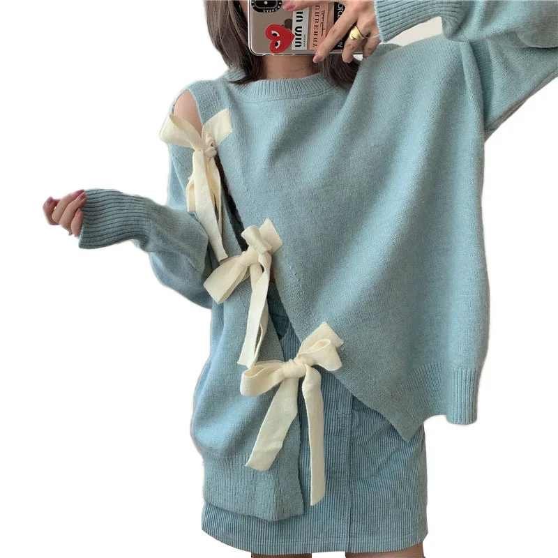 Оптовая продажа синего цвета с круглым вырезом трикотаж Япония gred связке для женщин свитер пуловер с длинными рукавами