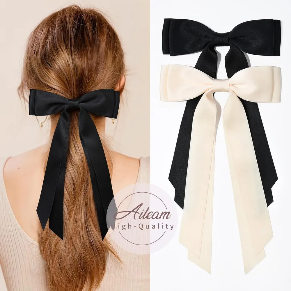 Sweet 2PCS Solid Color Black White Silky Satin Bows Hair Clips Hairpin Alligator Barrettes