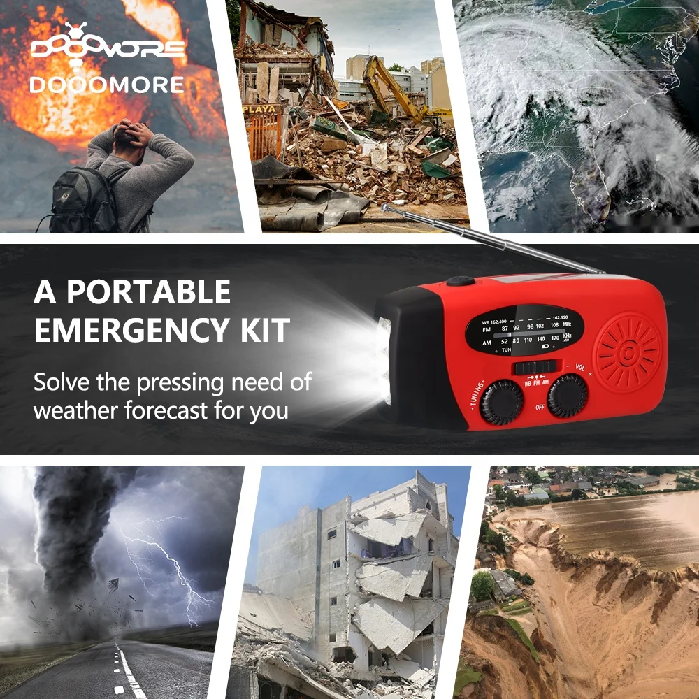 Dooomore emergency solar hand crank portable radio mini pocket usb am fm hand crank flashlight portable radio