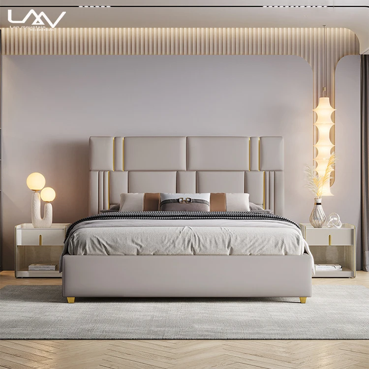 Italy design high back upholstered double bed villa bedroom luxury beige leather soft king size bed furniture