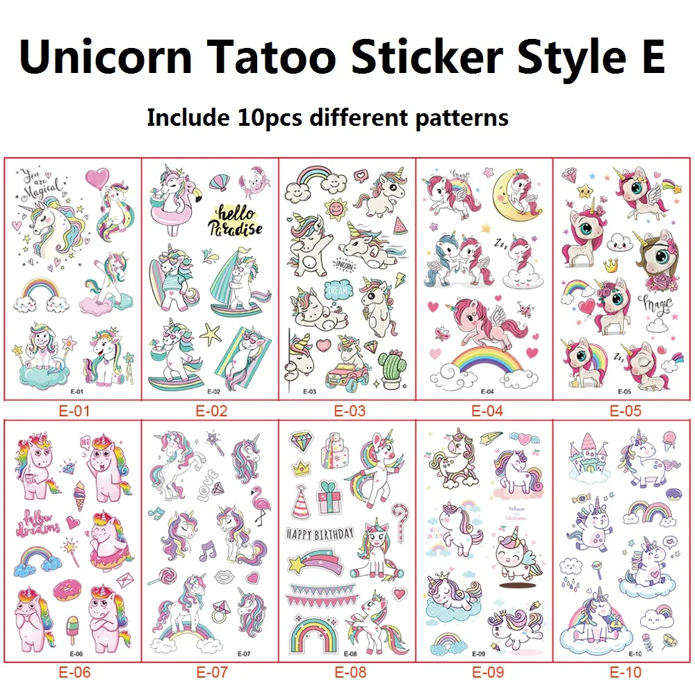 10Pcs/Set Child Tattoo Sticker Unicorn Princess Temporary Fake Kids Tatoo Girl Arm Hands Body Waterdichte Tatouages Pour Enfants