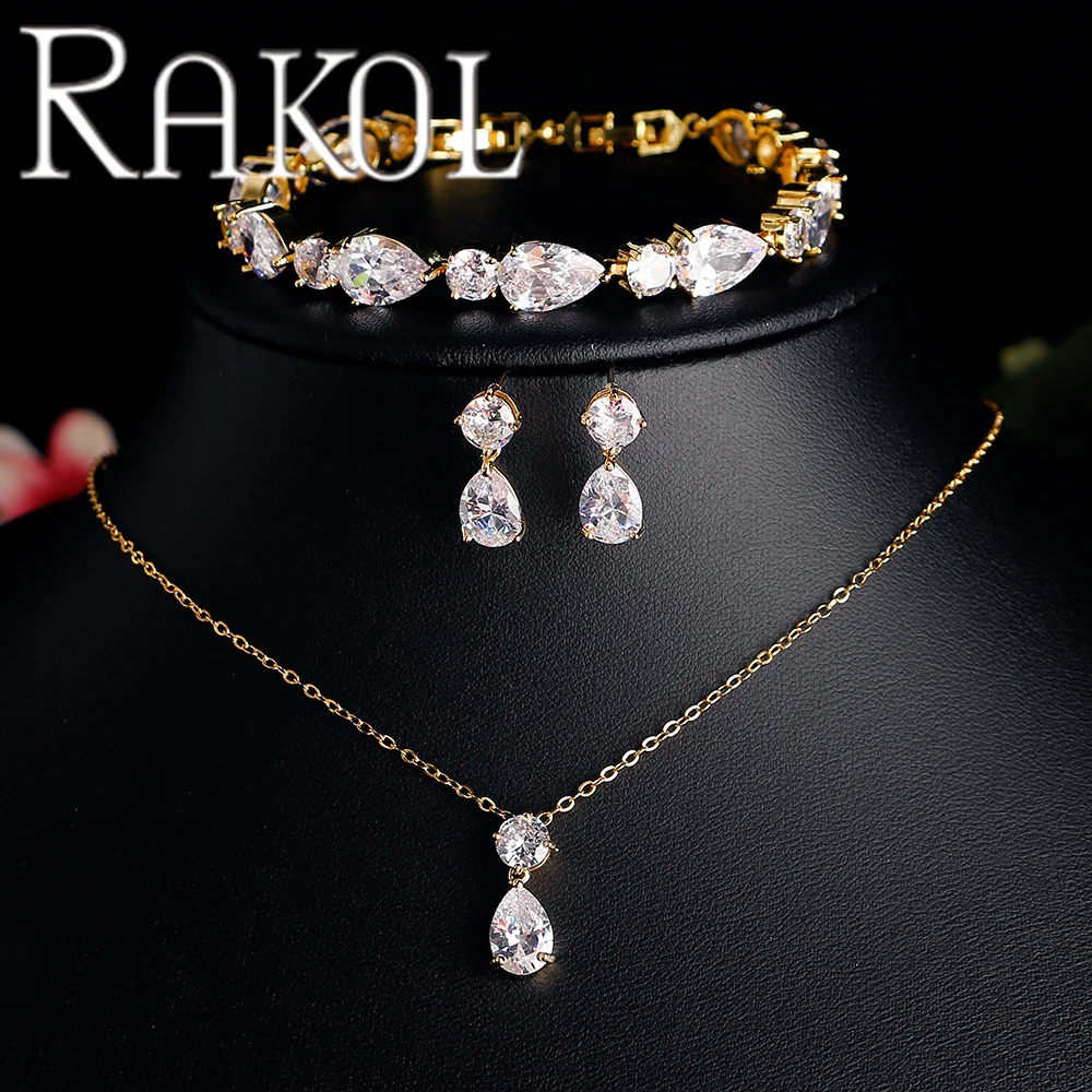 RAKOL SP272 Simple Teardrop Crystal Gemstone Zircon Chain Necklace Earrings Jewelry Set