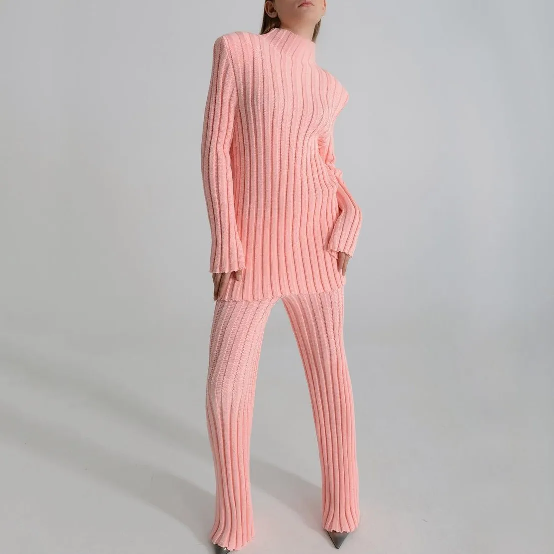 2021 Fall Fashion Candy Color Shoulder Pad Knit Turtleneck Casual Two Piece Sweater Set For