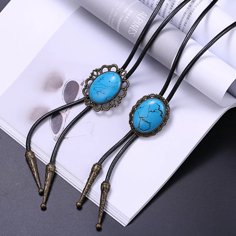 High quality custom vintage denim jewel Bolo tie shirt collar tie with different design tie bars collar bar