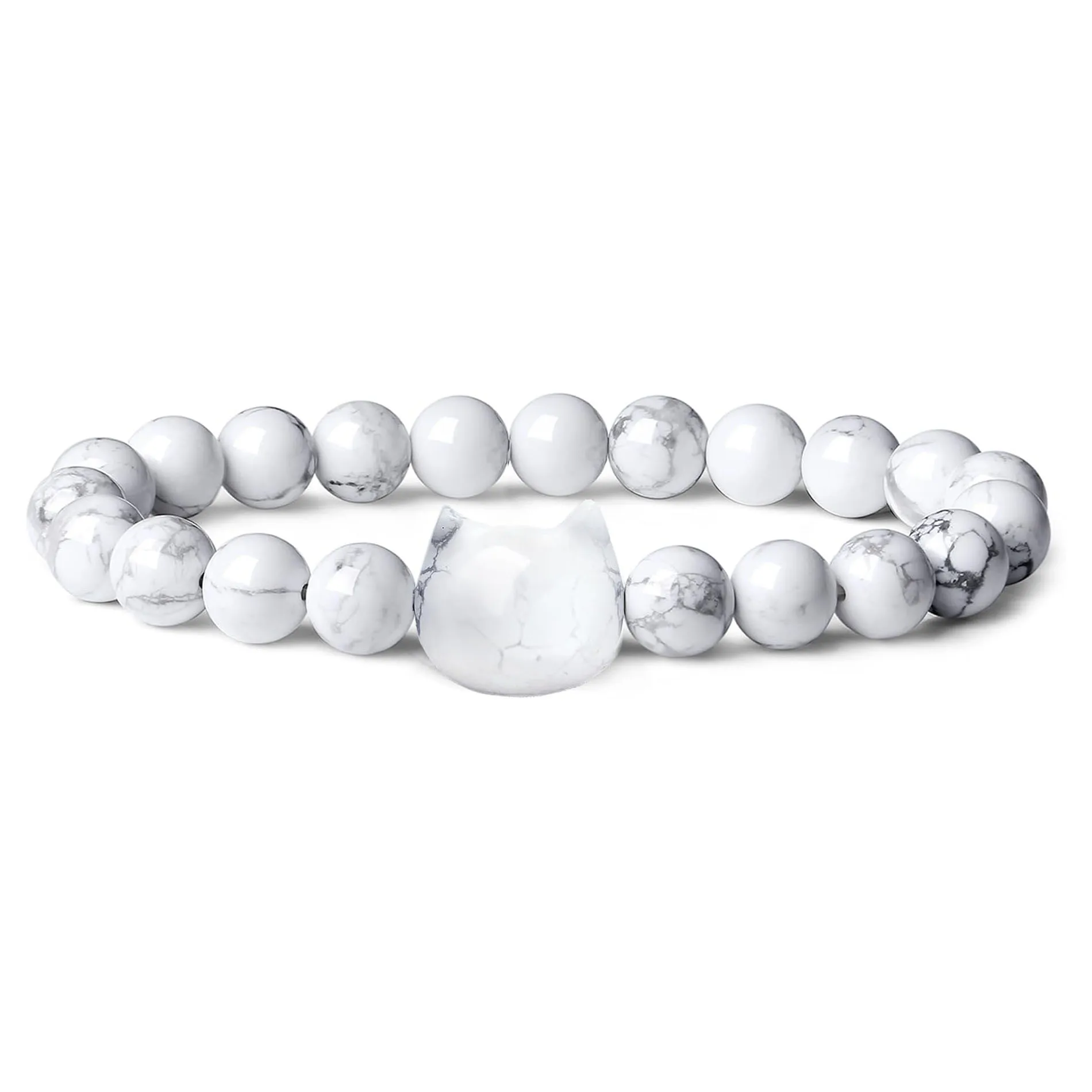Hot Sale 8mm Silver Obsidian Stone Beaded Bracelet for Women Cute Cat Animal Design Fashion Party Gift Elastic Bracelet Jewelry