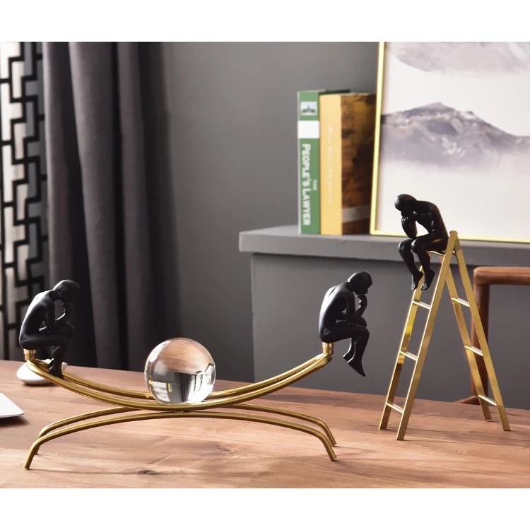Wholesale living room decoration accessories crystal ball thinker with metal sculpture home tabletop decor