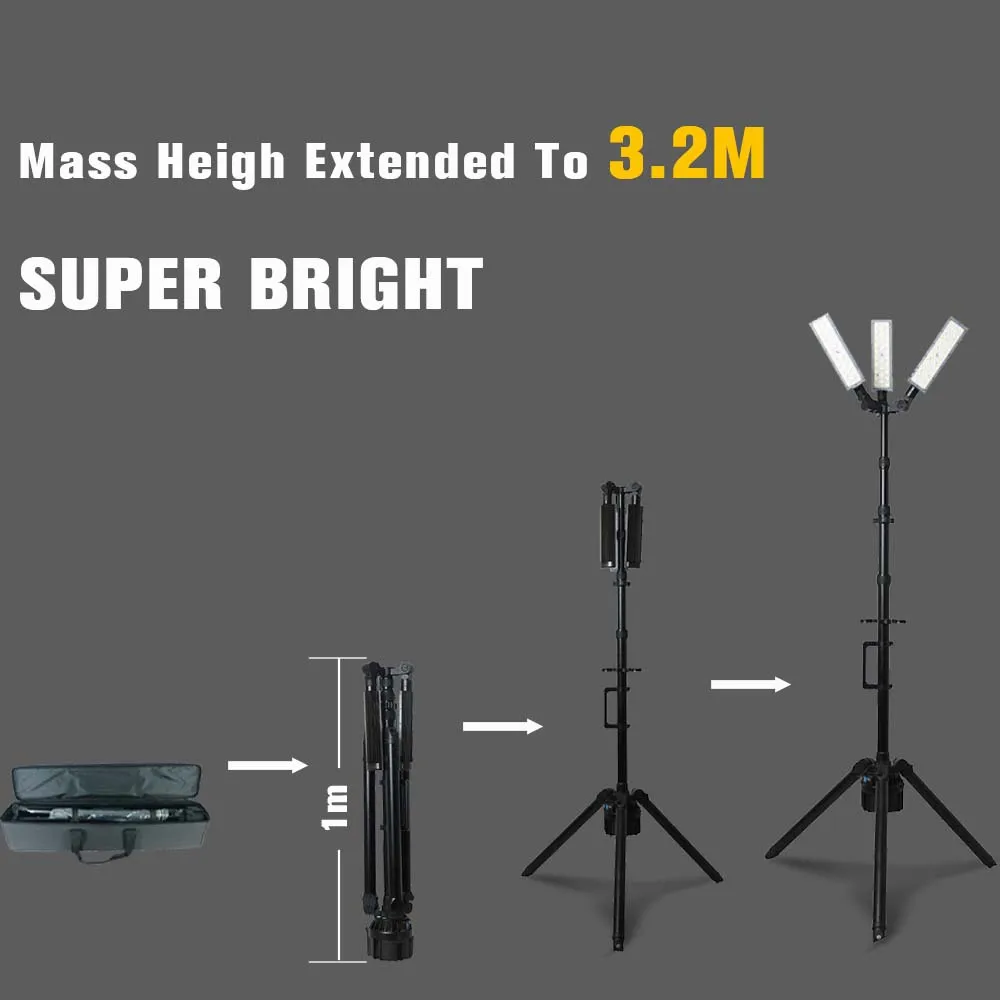 40000 lumens  powerful extendable 3.2m Rechargeable Led Work Lights with tripod stand adjustable and foldable Scene light