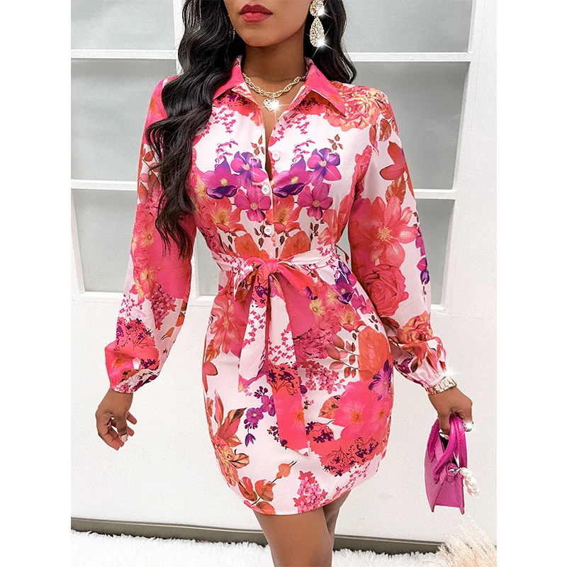 2022 New Arrivals Long Sleeve Allover Floral Print Cloths Stylish Ladies Casual Button Womens Floral Print Dress