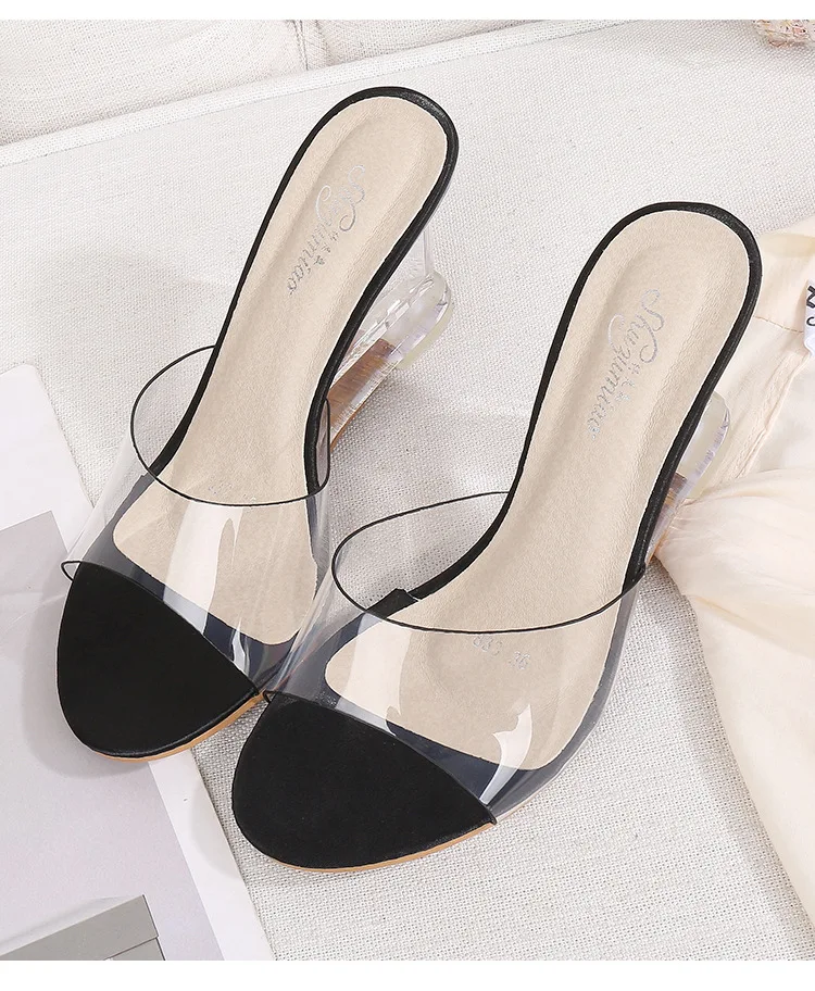 Summer Trend Fashionable gold shoes 34-43# comfort 8 CM high quality glass glue slip on thick sole wedge slippers wholesale