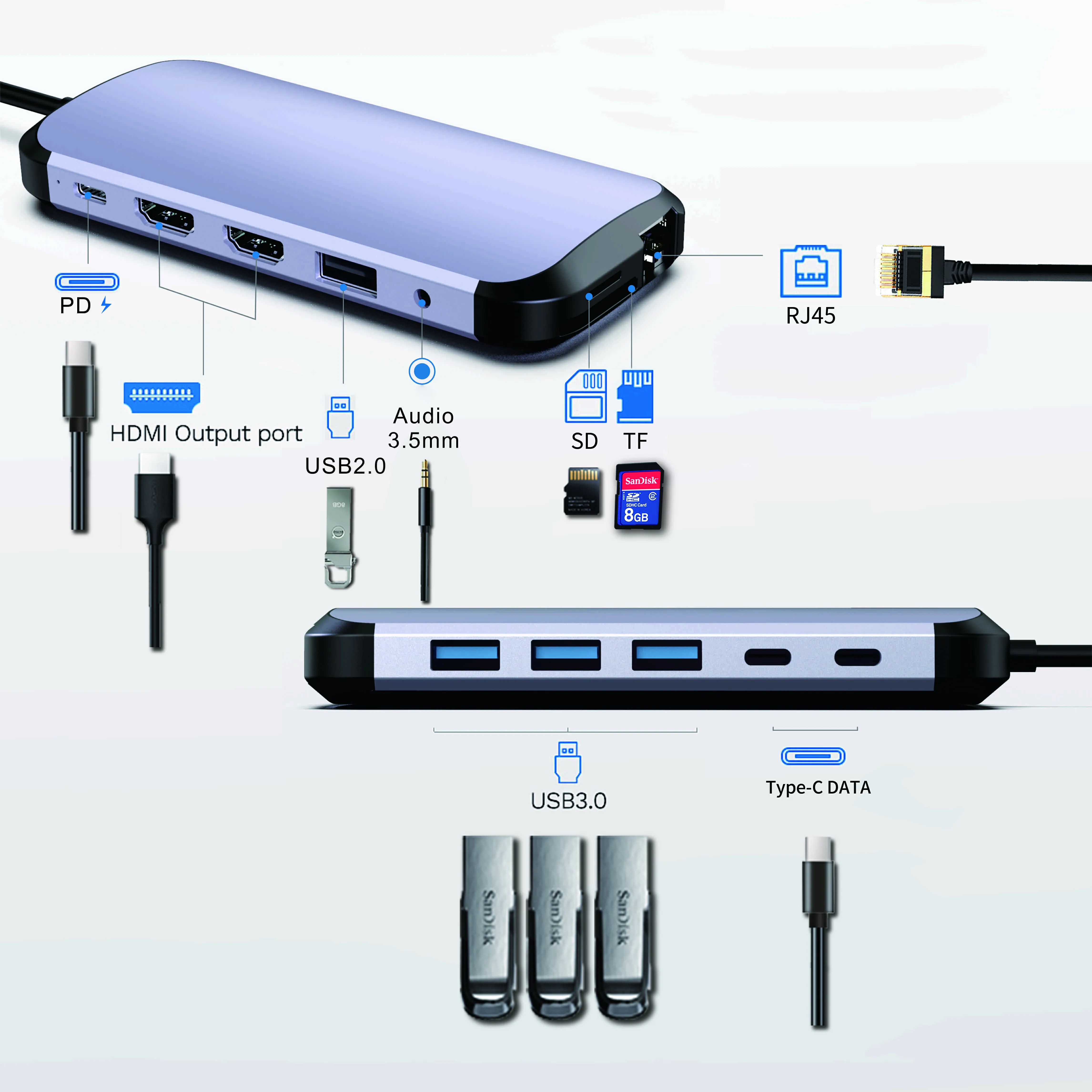 Usb c концентратор HD-MI * 2 PD Audio3.5 TF/SD/RJ45 USB3.0 * 3 USB2.0 передачи данных Type-C • 2 Серый Новый usb 3,0 концентратор