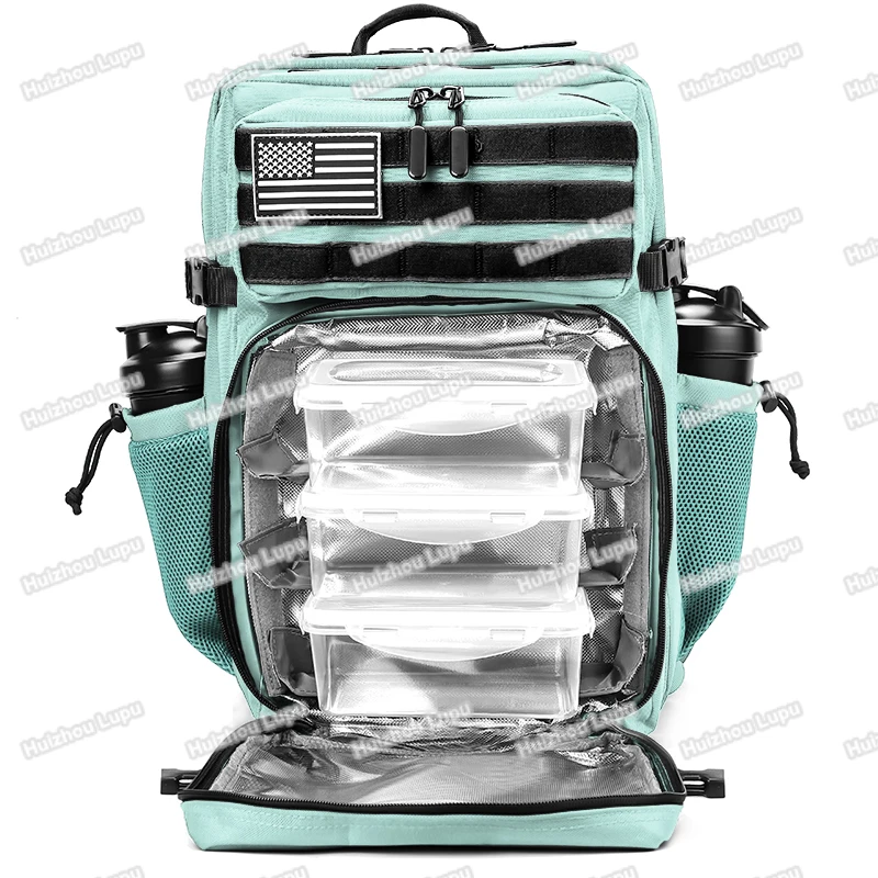 Custom Logo Waterproof Travel Fitness Green 45L Gym Meal Backpack w Side Pocket