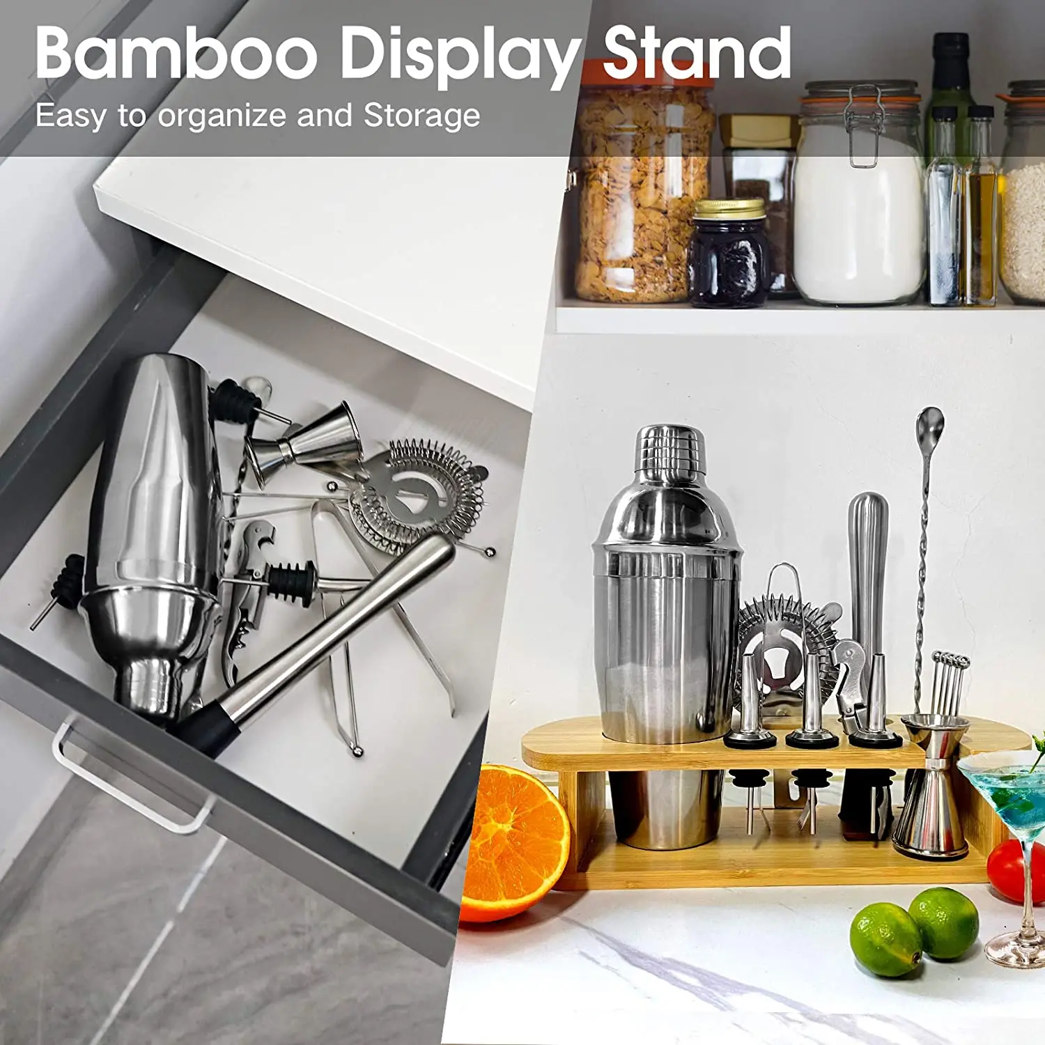 Mixology Bar Tools for Drink Mixing Bartender Kit 304 Stainless Steel Cocktail Shaker Set With Bamboo Wood Stand
