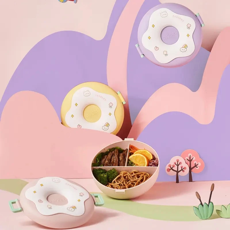 Donut lunch box cute children 1000ml large capacity 3 grids bento food box portable student lunch box with lid PP LunchBox