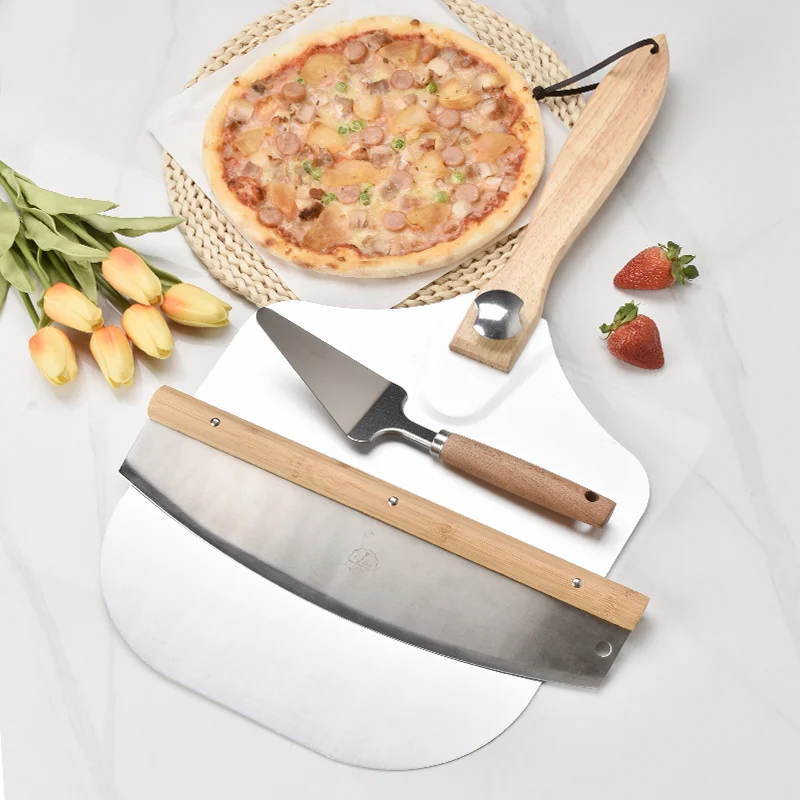 pizza cutter accessories tools Folding metal pizza peel set aluminum pizza paddle shovel with wooden handle