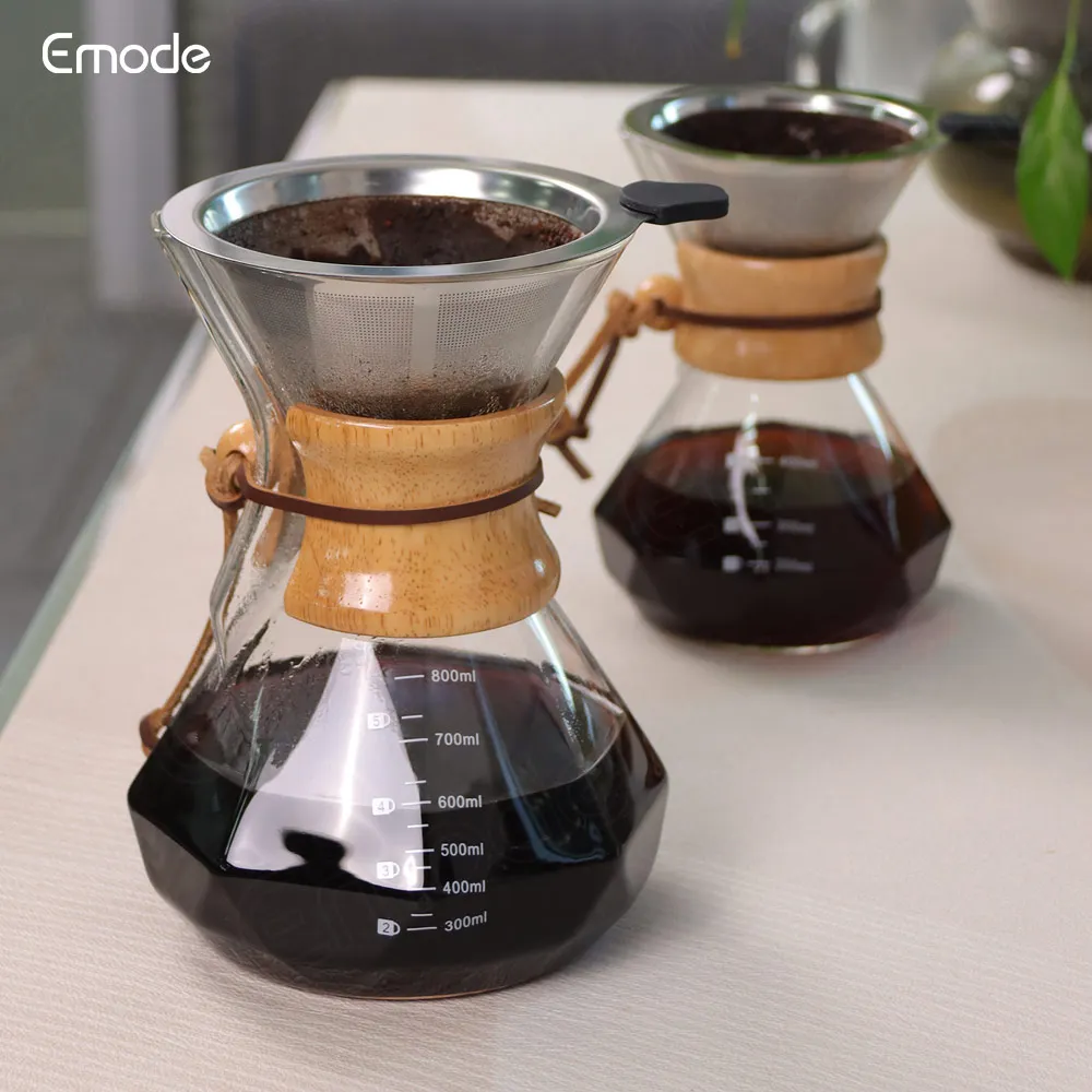Emode Cold Brew Coffee Maker 800ml Glass Pour Over Maker with Bamboo holder and Coffee Dripper Coffee Maker