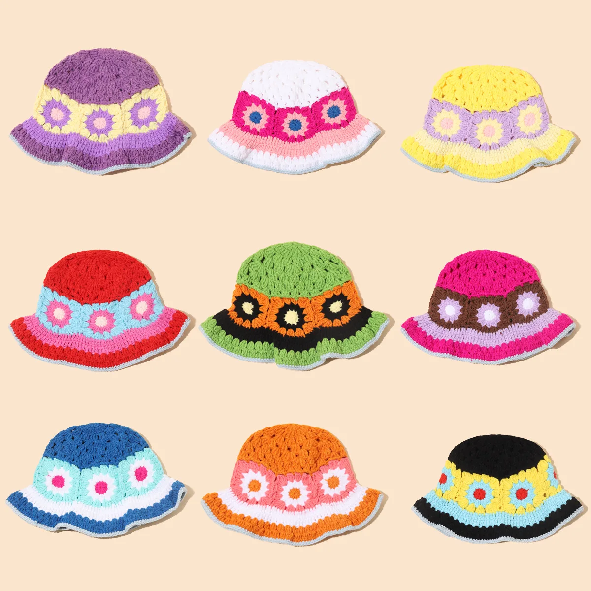 Crochet Bucket Hat Cherry Knitted Woolen Hat for Women Cute Beanies Cap Fall Winter Warm Fashion Splice Hat Beach