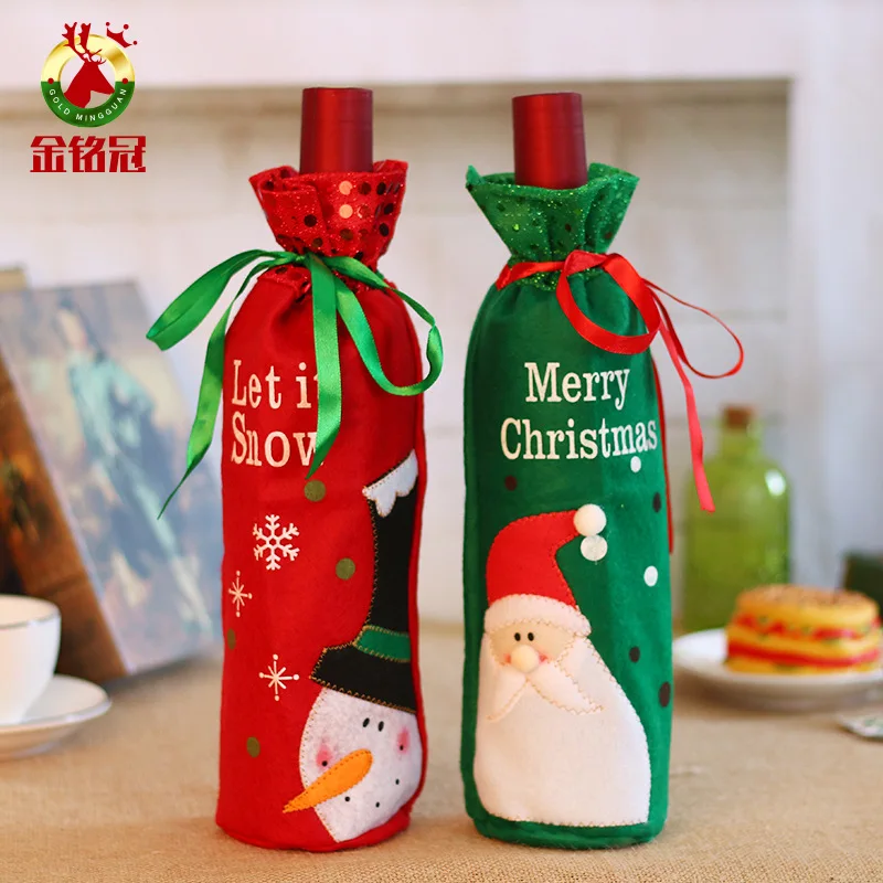 Wholesale Champagne Red Wine Bottle Cover For Christmas Dinner Ornament In Stock Drawstring Santa Claus Snowman Sequin