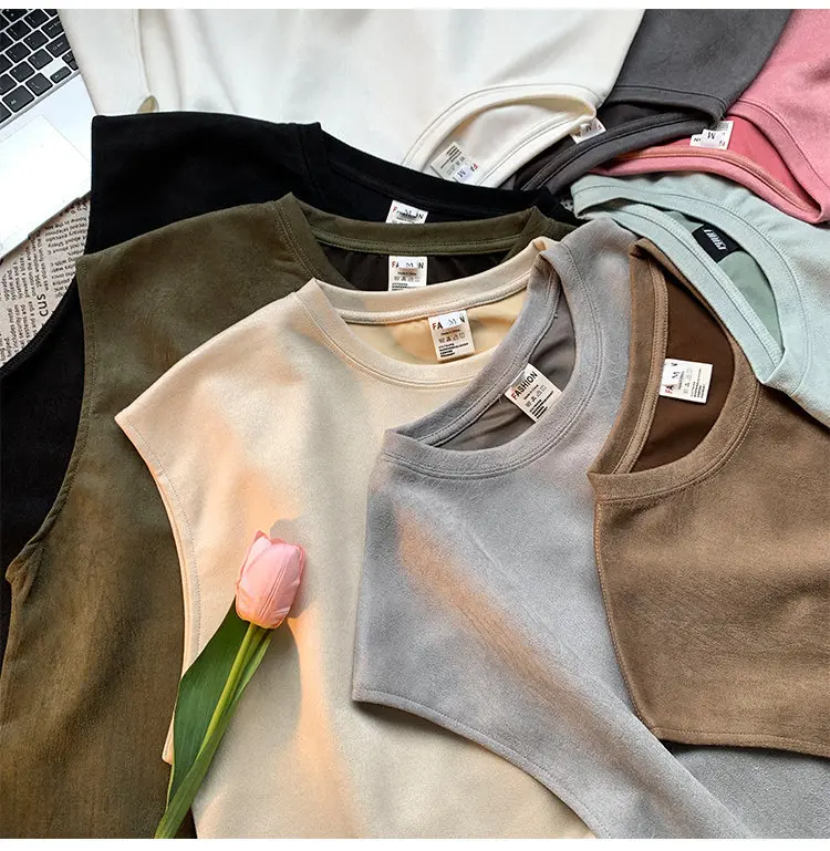 2024 new fashion streetwear unisex suede fabric blank solid color tank top heavyweight loose fit singlet vest for men
