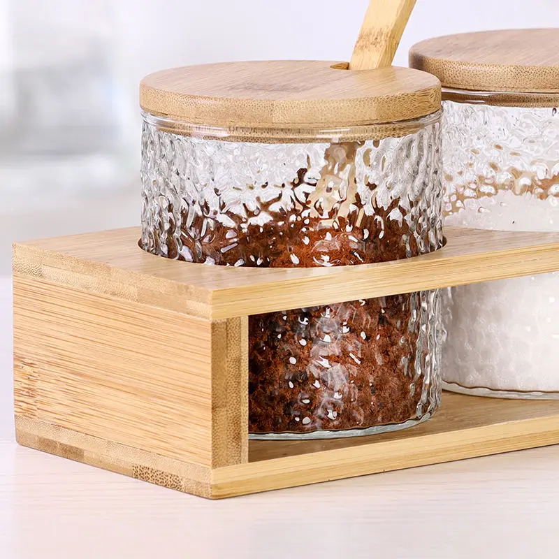 Wooden Container Storage Organizer Kitchen Glass Spice Jar Pepper Cruet Set With Bamboo Spoon Lid and Base