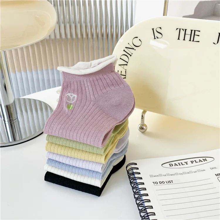 Summer Korean In Stock Fashion Cute Embroidery Flower Tulip Girls Socks Cotton Cozy Fancy Ruffle Women Ankle Socks