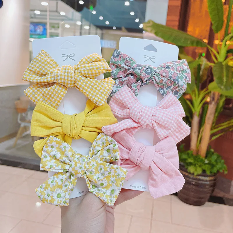 Korean Children Small Fresh Floral Bowknot Hairpin Large Plaid Floral Solid Color Bow Hair Clip Set