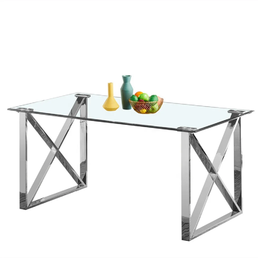 Quality chinese products stainless steel furniture restaurant tables chairs glass dining table set