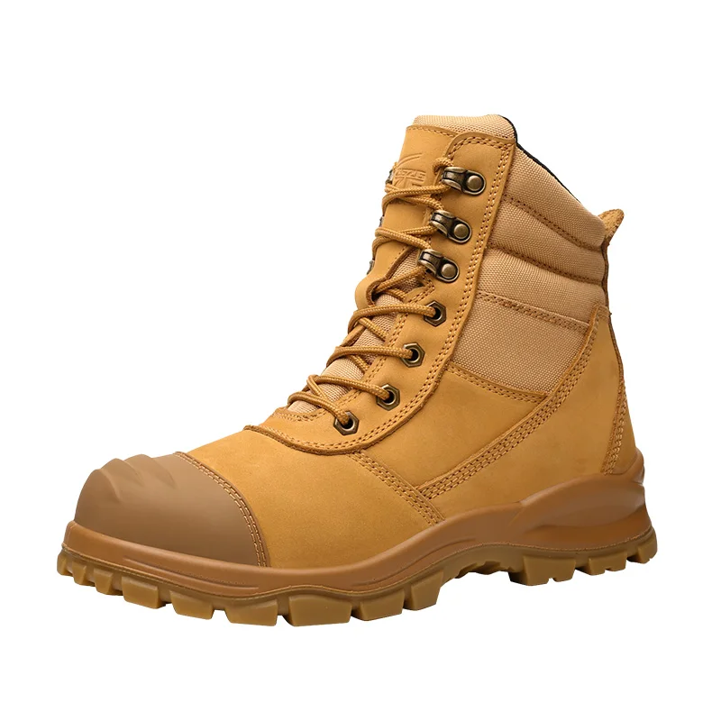 Hot Sale Brown crazy horse and Yellow nubuck leather With Zipper safety work boots, Anti-smash Anti-puncture Safety Martin Boots