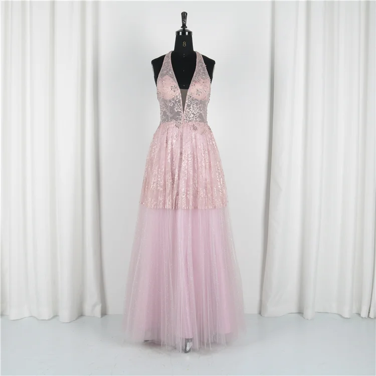 New Women Lace Beading Sleeveless Party Gown Dancing Queen Peach Fashion Prom Dresses