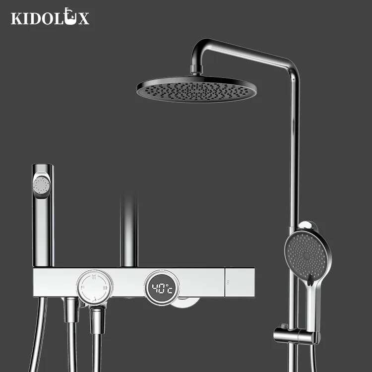 Italian Brass Digital Display Wall Mounted Chrome Finished 4 Way Shower Mixer Shower Bathroom Set With Bath Faucet