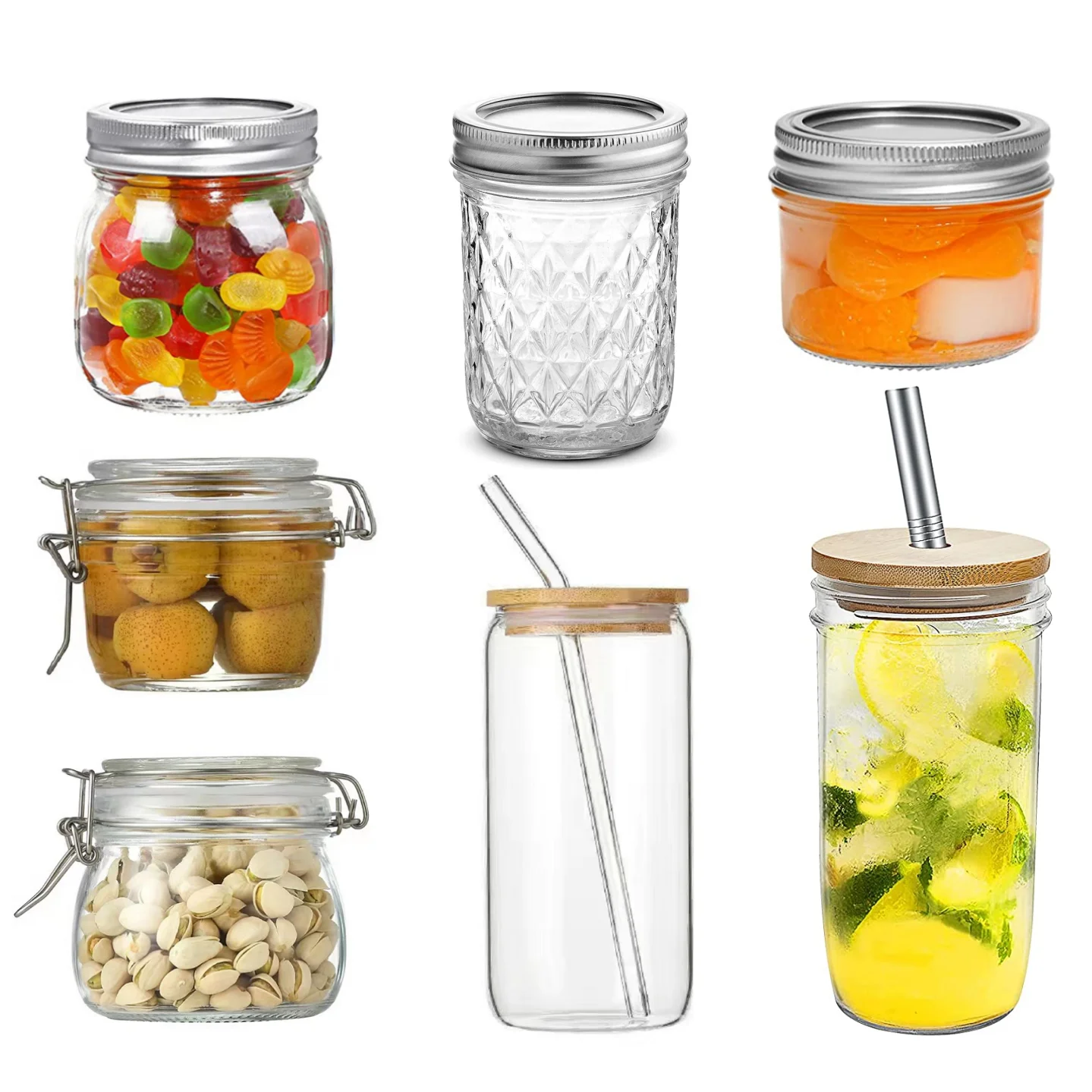 Glass Storage Canister Mason Jar with Bamboo Wood Lid Straw Kitchen Food Storage Clamp Airtight Cookie Glass Storage Canisters