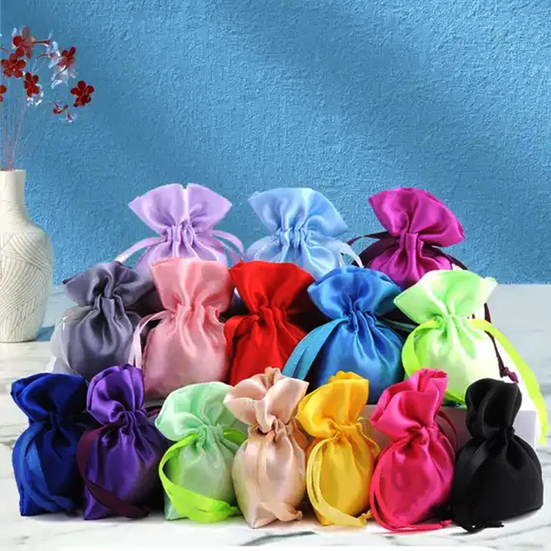 Top Quality Custom Print Logo Reusable Travel Portable Pouch Candy Color Silk Satin Cloth Drawstring Dust Jewelry Bag