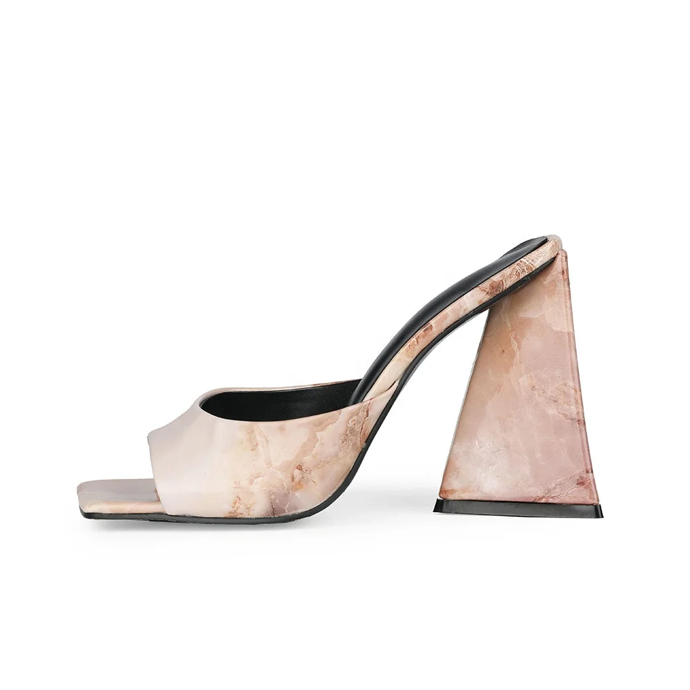 2021 Summer High Heels Slippers Marble Pattern Women Block Heels Mules Heels of Ladies Big Size Sandals