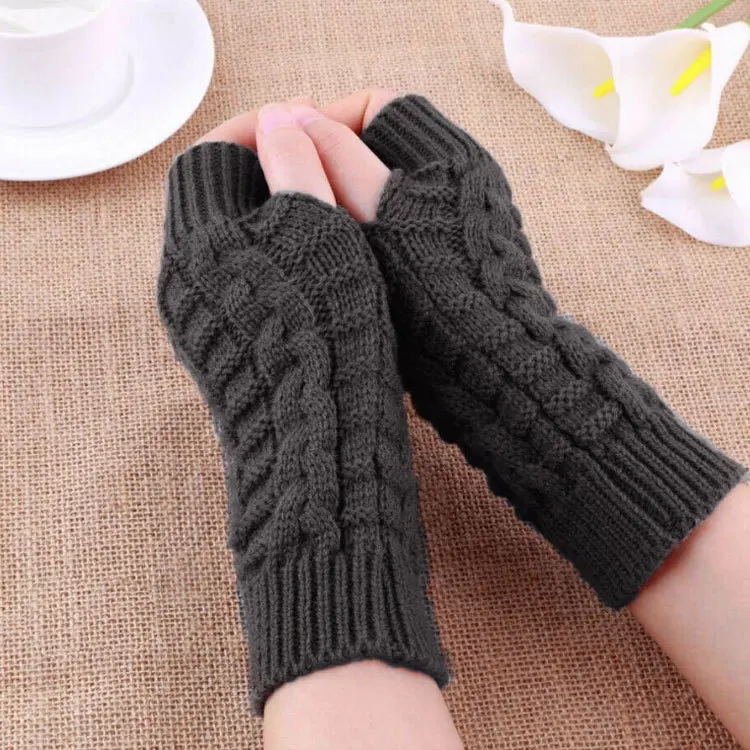Womens Winter Hand Crochet Thumbhole Arm Warmers Knit Fingerless Gloves