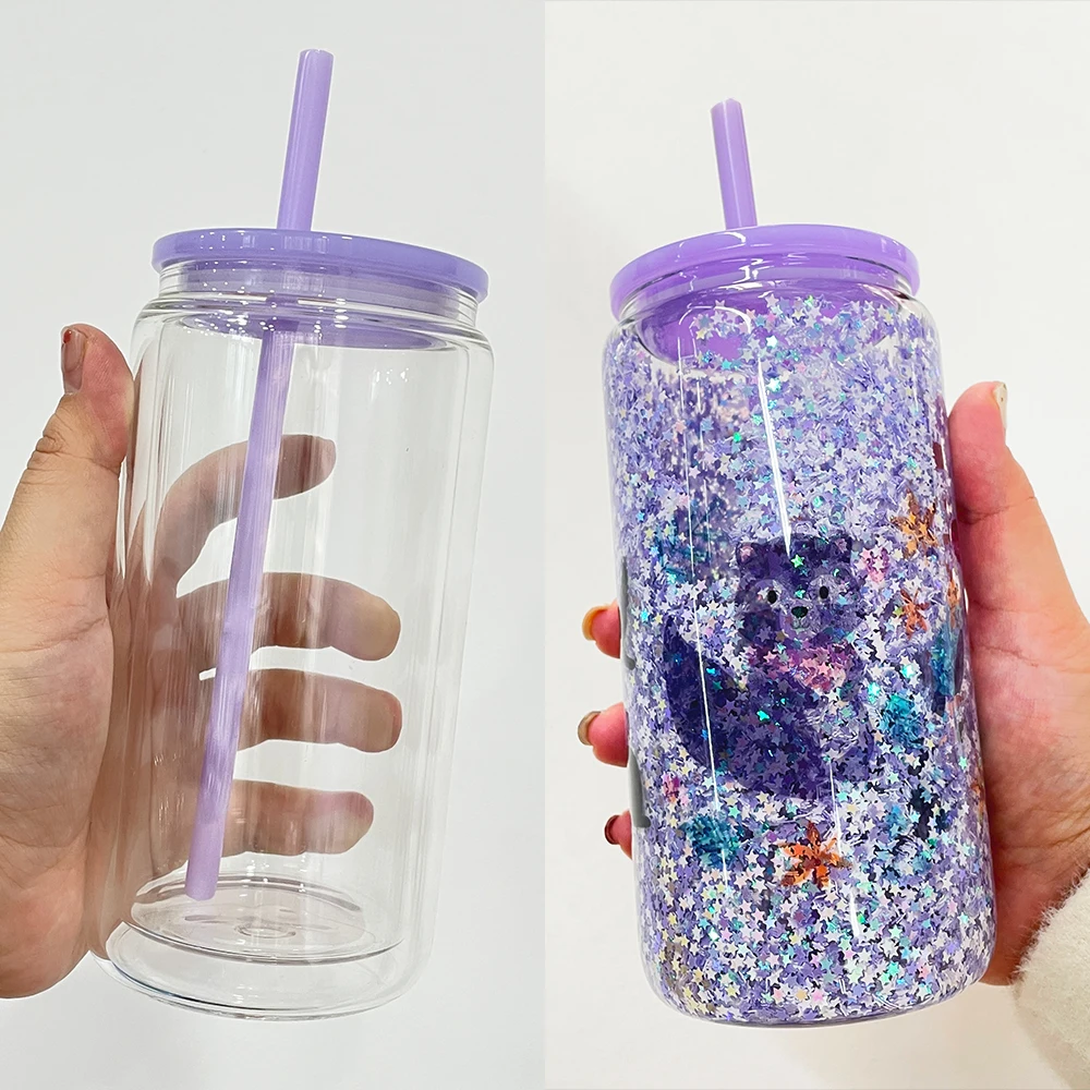 USA Warehouse blank sublimation pre drilled hole 12oz 15oz snow globe tumbler beer glass can with colored pp lids and straw
