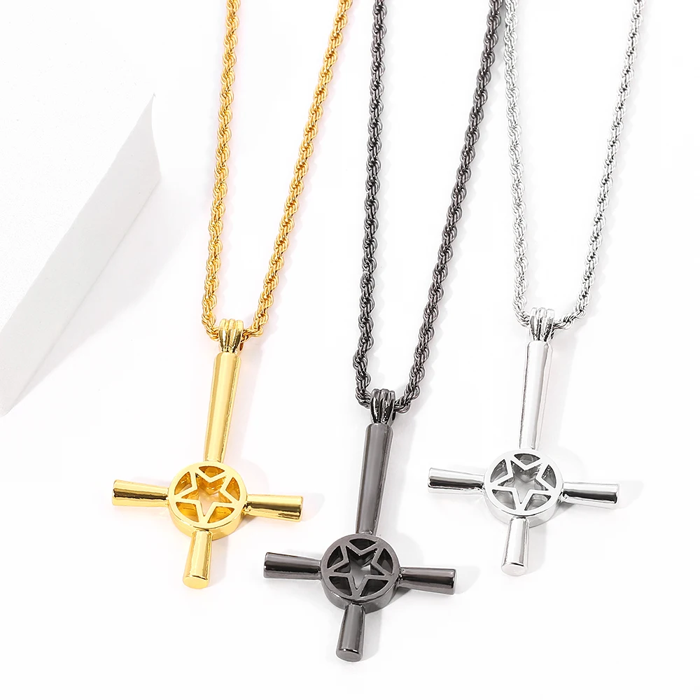 Fashion Pentagram Cross Necklace Mens Satanic Symbol Runes Pendant Upside Down Lucifer Satan Choker Statement Jewelry