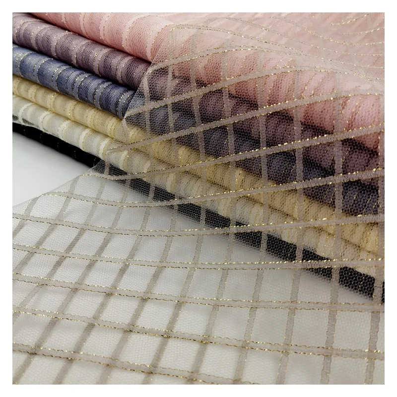 
Spring and Autumn fabric stripe lace trim french tulle lace fabric Gold line japanese voile fabric for dress 