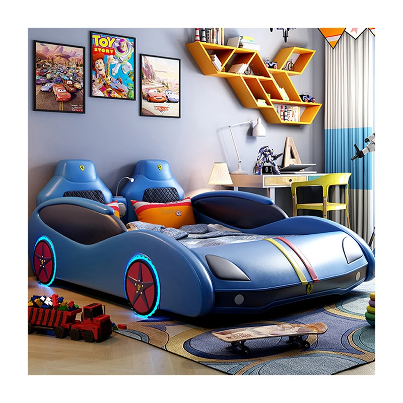 Modern house child led lamp speaker wooden bed frame bedroom furniture grils boys kids slide race cars beds children beds