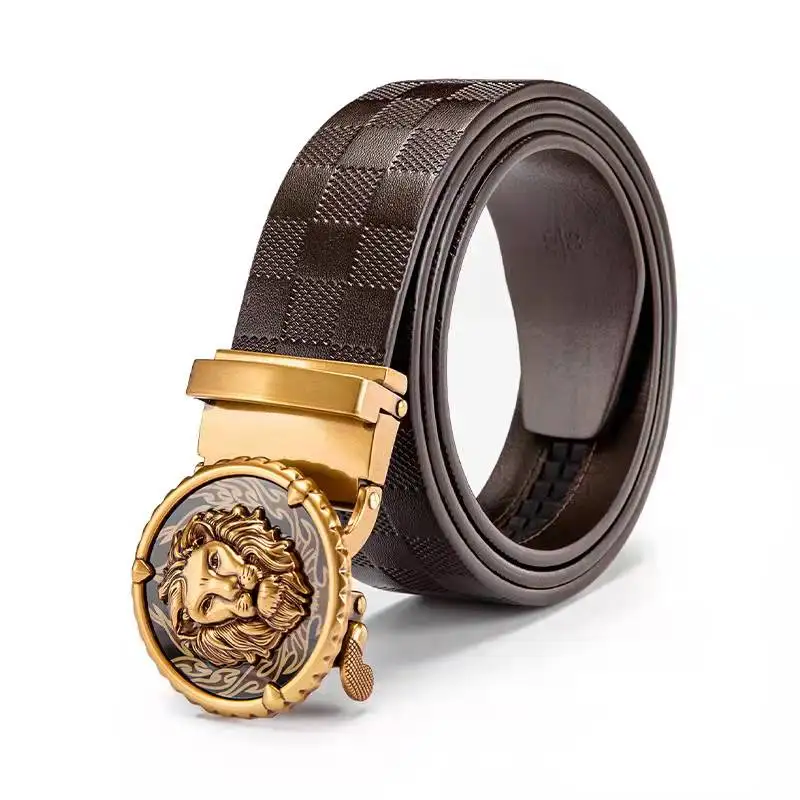 customized leather belt with lion head buckle