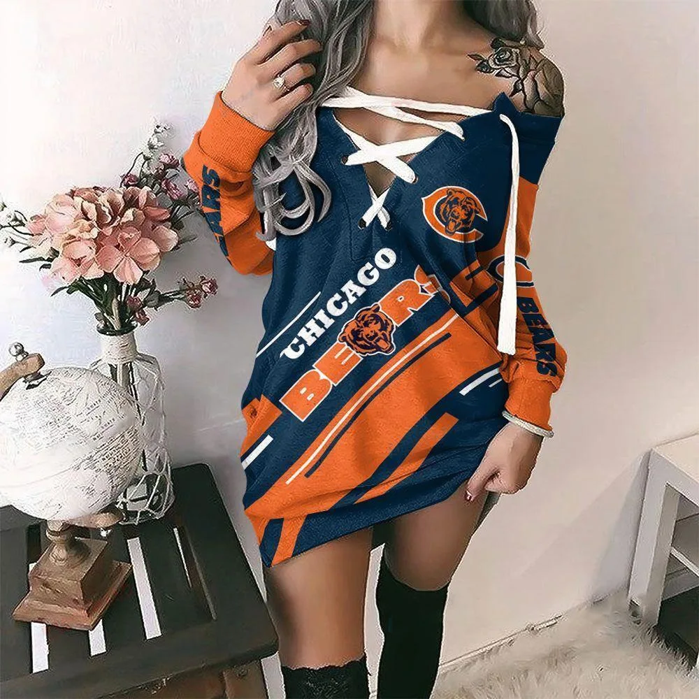 2023 European and American New Autumn and Winter NFL Football Dress Lace-up V-neck Off-the-shoulder Sweatshirt Hip Skirt